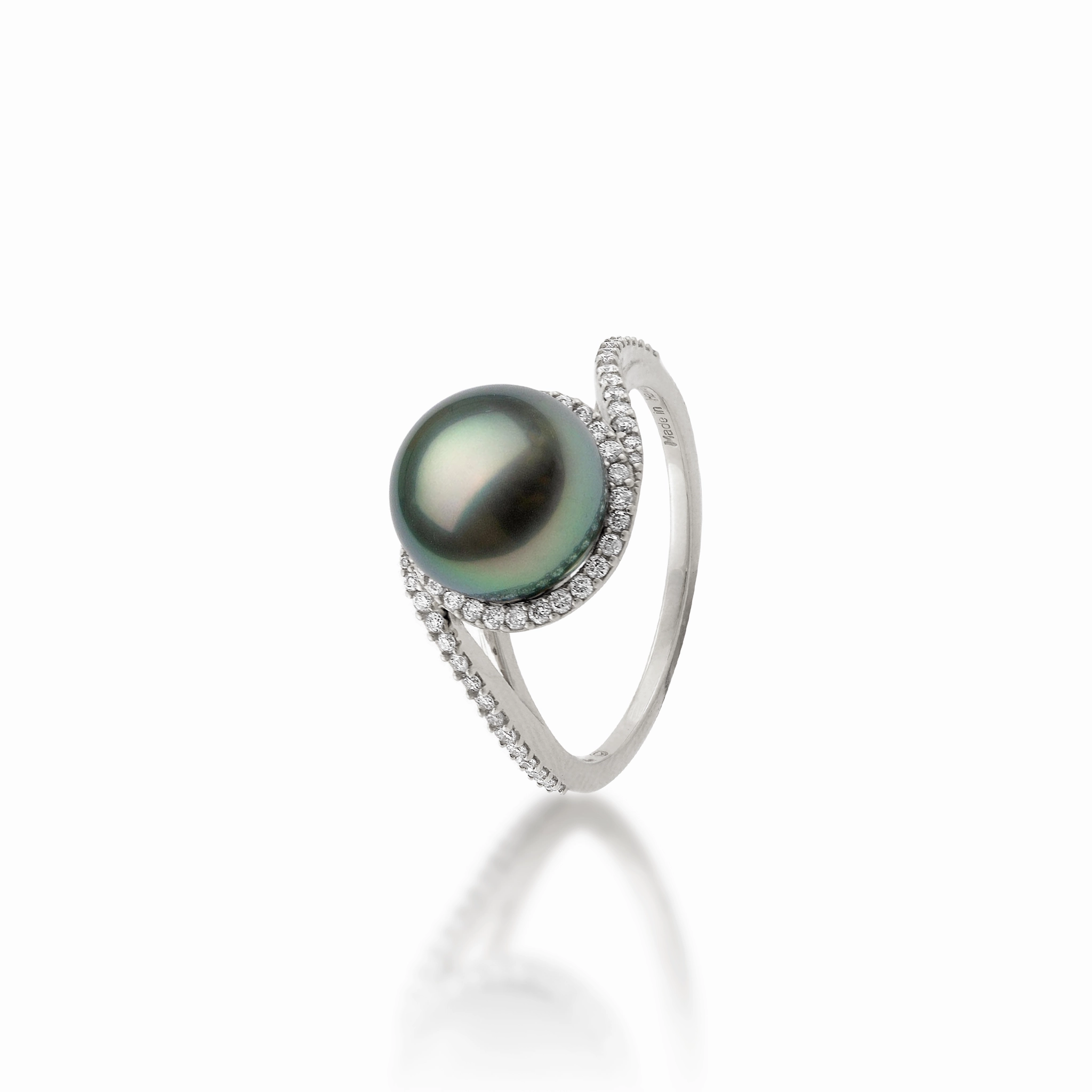 Date night Premium Accent Tahitian Black Pearl Ring in White Gold with Diamonds - 9-10mm