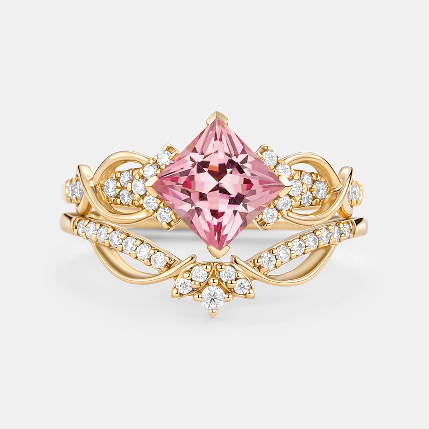 Affordable Embellishment Organic form Princess Cut Lab Pink Sapphire Twist Engagement Ring Set 2pcs - Zennia