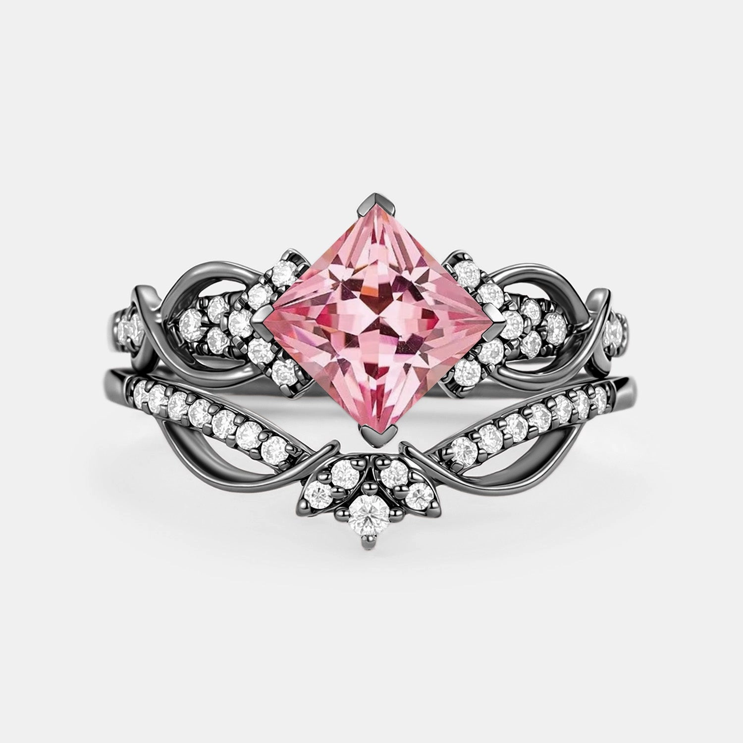 Princess Cut Lab Pink Sapphire Twist Engagement Ring Set 2pcs - Zennia Designer Article Excellent Jewelry