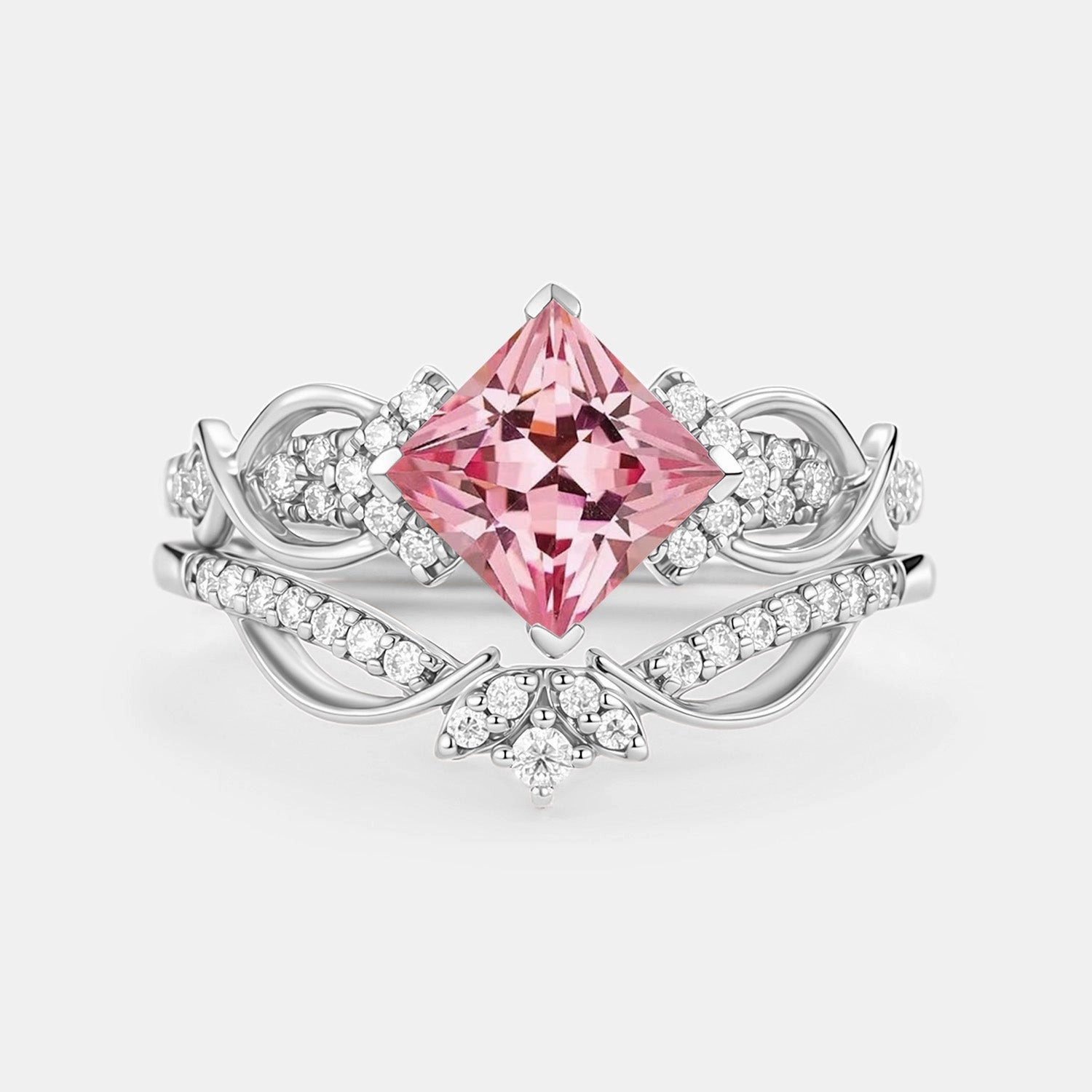 Ethereal Vibe Evening Look Princess Cut Lab Pink Sapphire Twist Engagement Ring Set 2pcs - Zennia