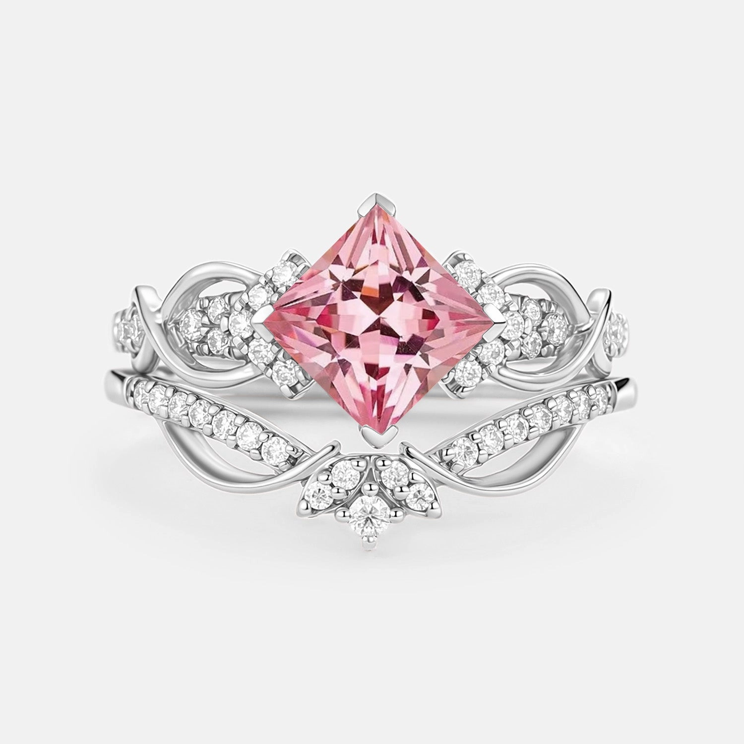 Princess Cut Lab Pink Sapphire Twist Engagement Ring Set 2pcs - Zennia Beautiful Bauble Easy Use