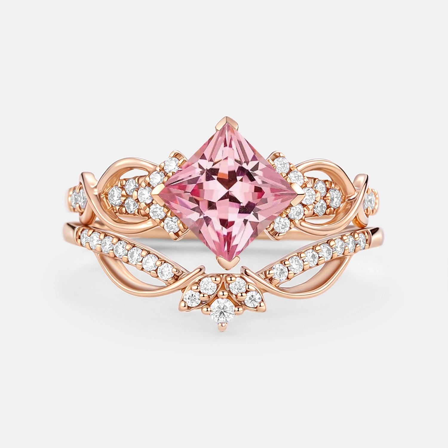 Princess Cut Lab Pink Sapphire Twist Engagement Ring Set 2pcs - Zennia Handcrafted Craft Petite Edge