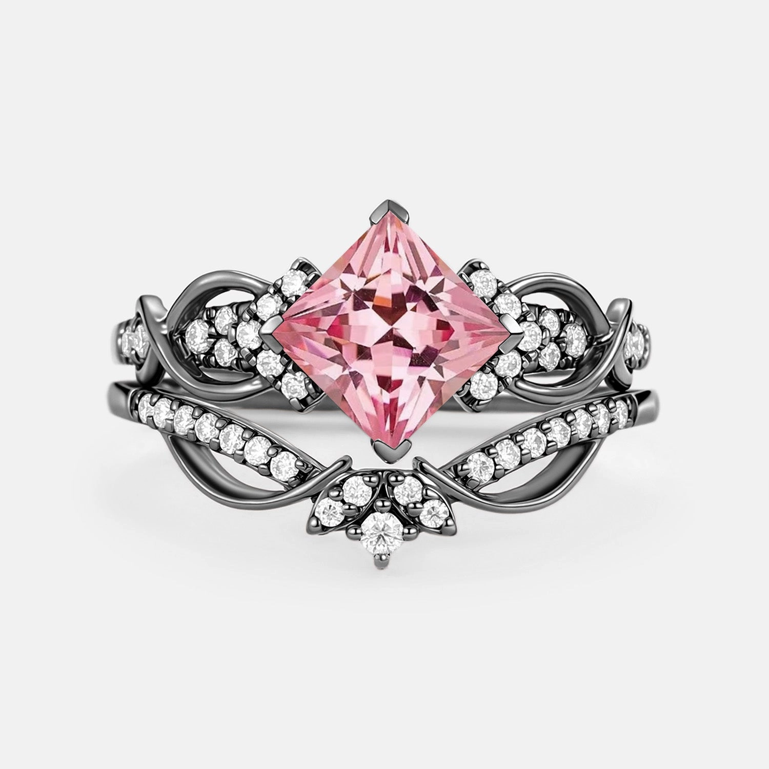 Delicate Pop Elegant Fashion Princess Cut Lab Pink Sapphire Twist Engagement Ring Set 2pcs - Zennia