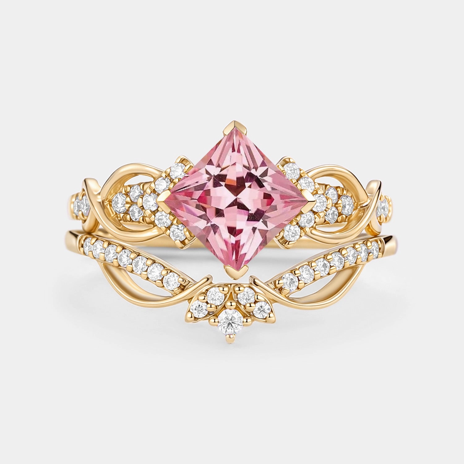 Princess Cut Lab Pink Sapphire Twist Engagement Ring Set 2pcs - Zennia Flawless Finish