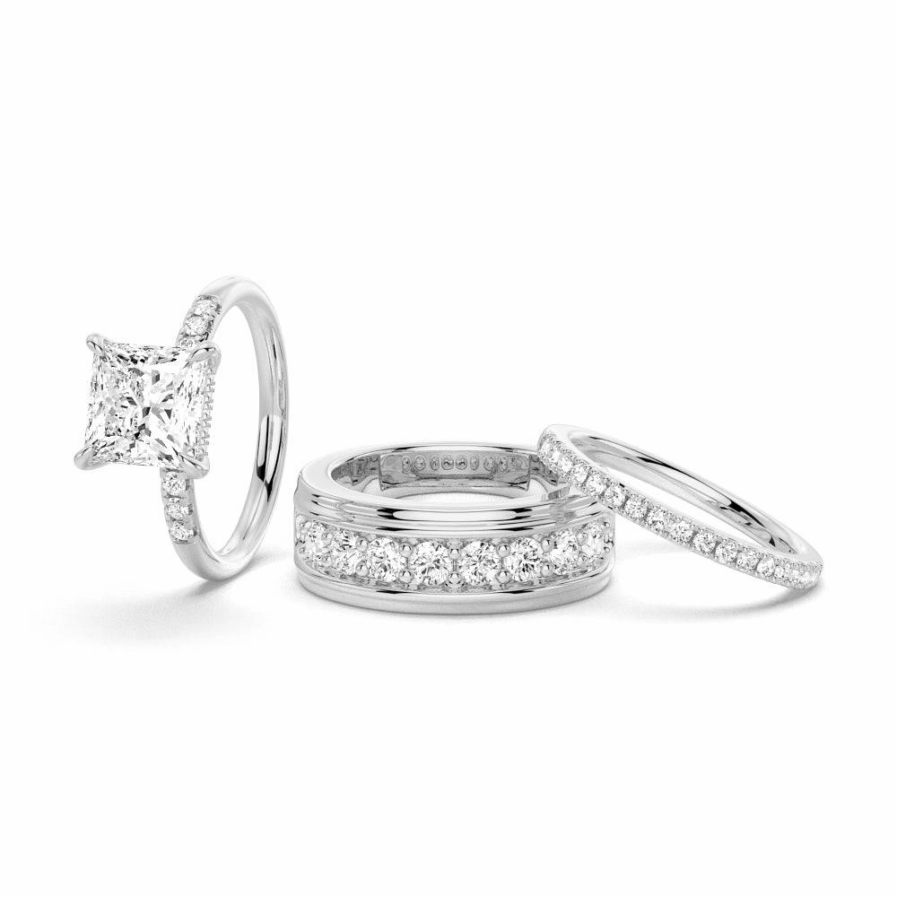 Princess Cut Hidden Halo Moissanite Couple's Ring Set with Men's Wedding Band Timeless Shine Craftwork