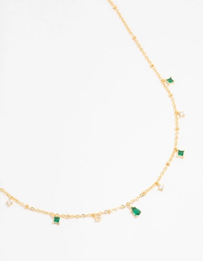 Gold Plated Cubic Zirconia Emerald Pear Dainty Station Necklace Celebration Look