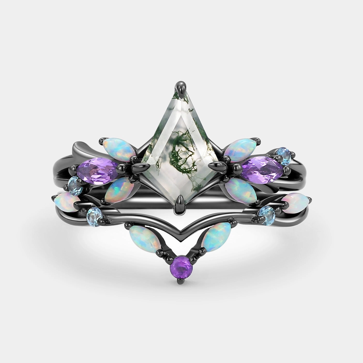 Moss Agate & Opal & Amethyst Unique Engagement Ring Set 2pcs - Bella Casual Spark