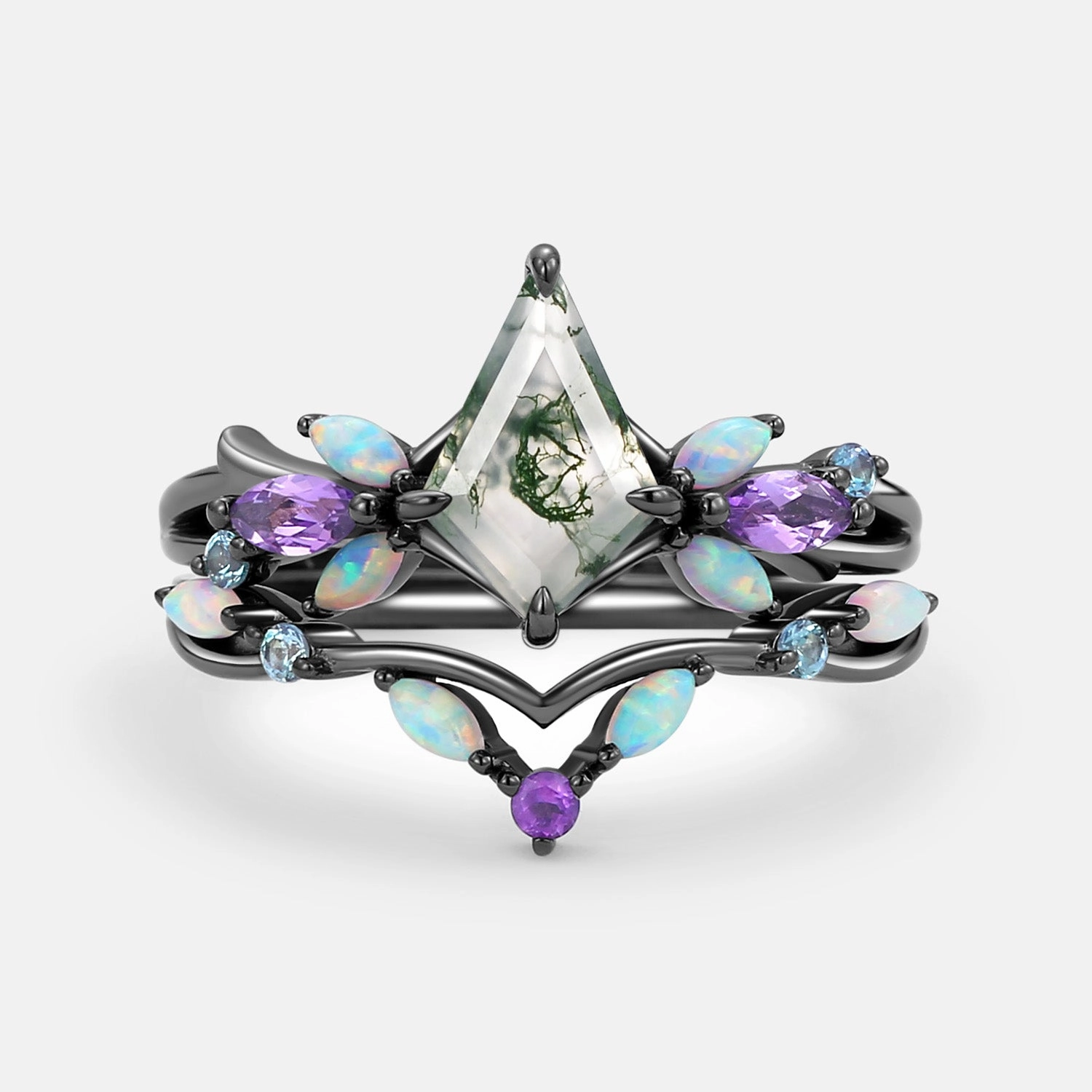 Moss Agate & Opal & Amethyst Unique Engagement Ring Set 2pcs - Bella Modern Gift