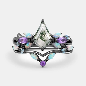Shiny Touch Elegant Occasion Moss Agate & Opal & Amethyst Unique Engagement Ring Set 2pcs - Bella