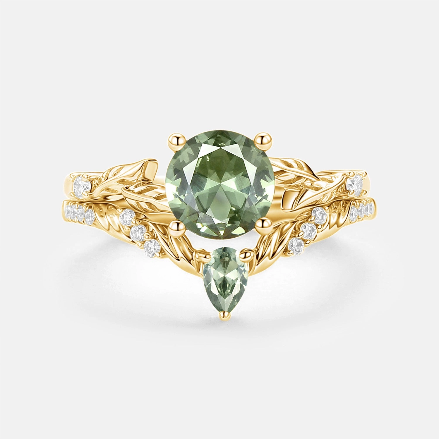 Sophisticated Shine Modern Form Round Cut Lab Green Sapphire Leafy Engagement Ring Set 2pcs - Canopy