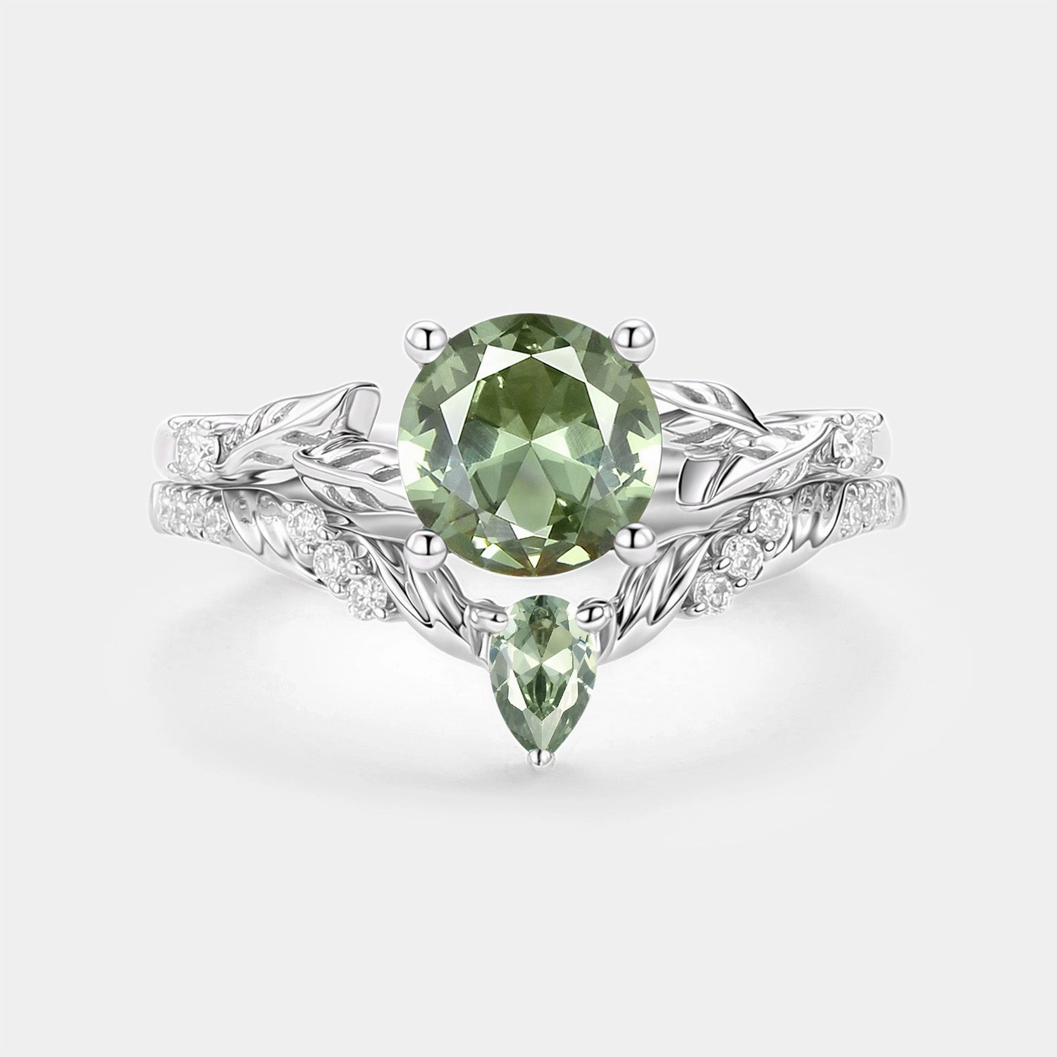 Glam Day Round Cut Lab Green Sapphire Leafy Engagement Ring Set 2pcs - Canopy