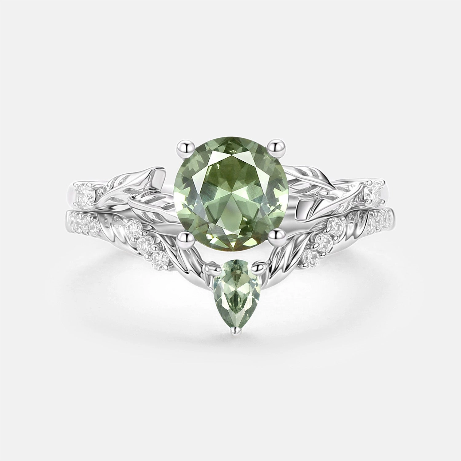 Easy Off Round Cut Lab Green Sapphire Leafy Engagement Ring Set 2pcs - Canopy