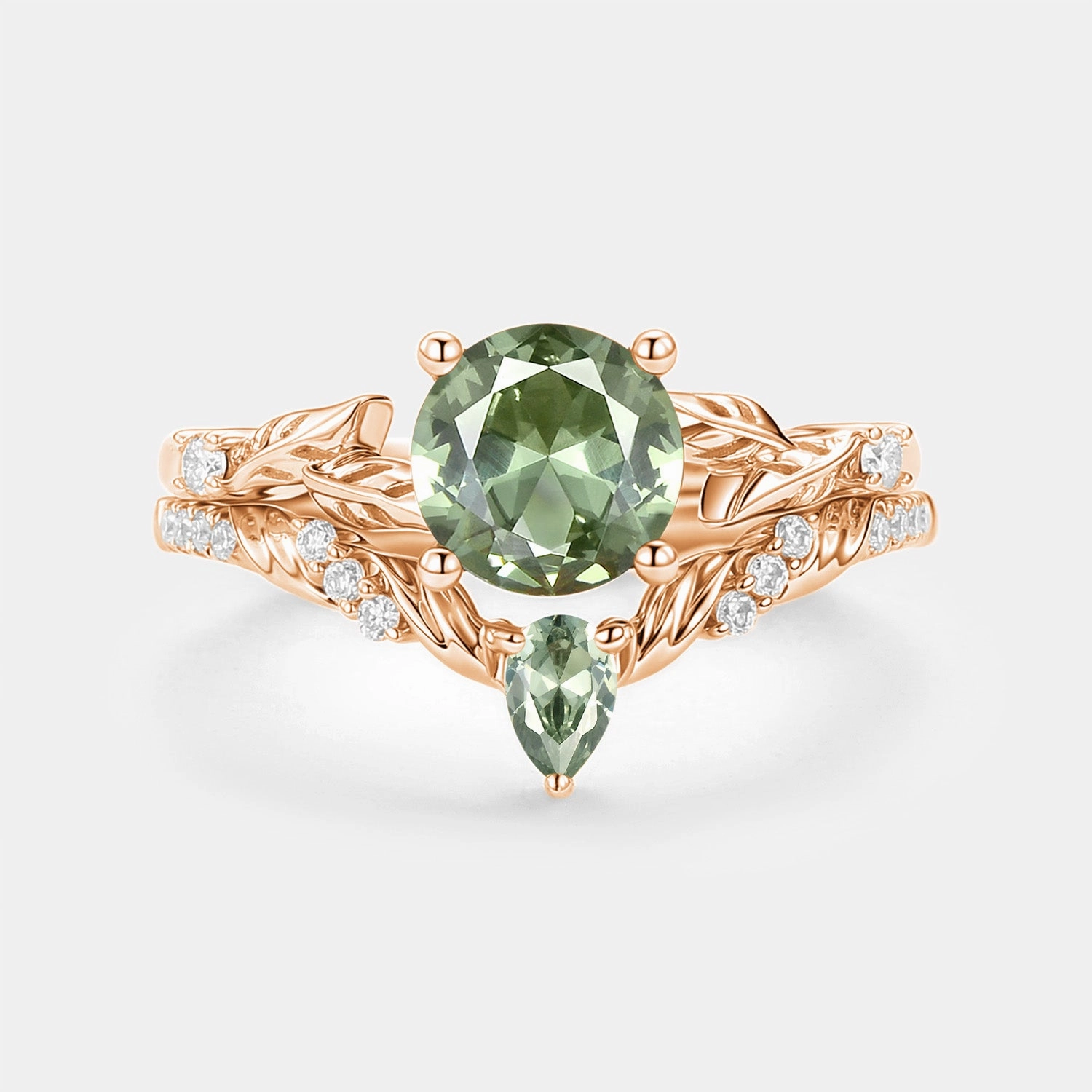 Round Cut Lab Green Sapphire Leafy Engagement Ring Set 2pcs - Canopy Finest Touch Daily Accessories