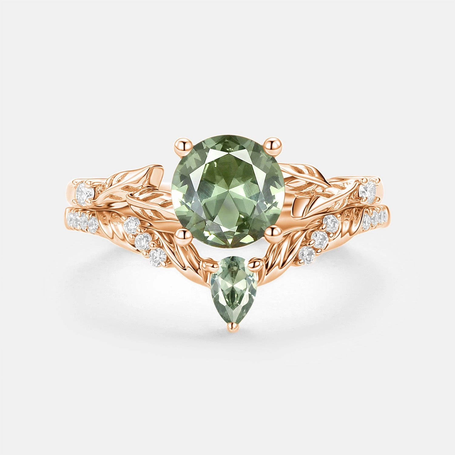 elegant design Elegant Statement Round Cut Lab Green Sapphire Leafy Engagement Ring Set 2pcs - Canopy