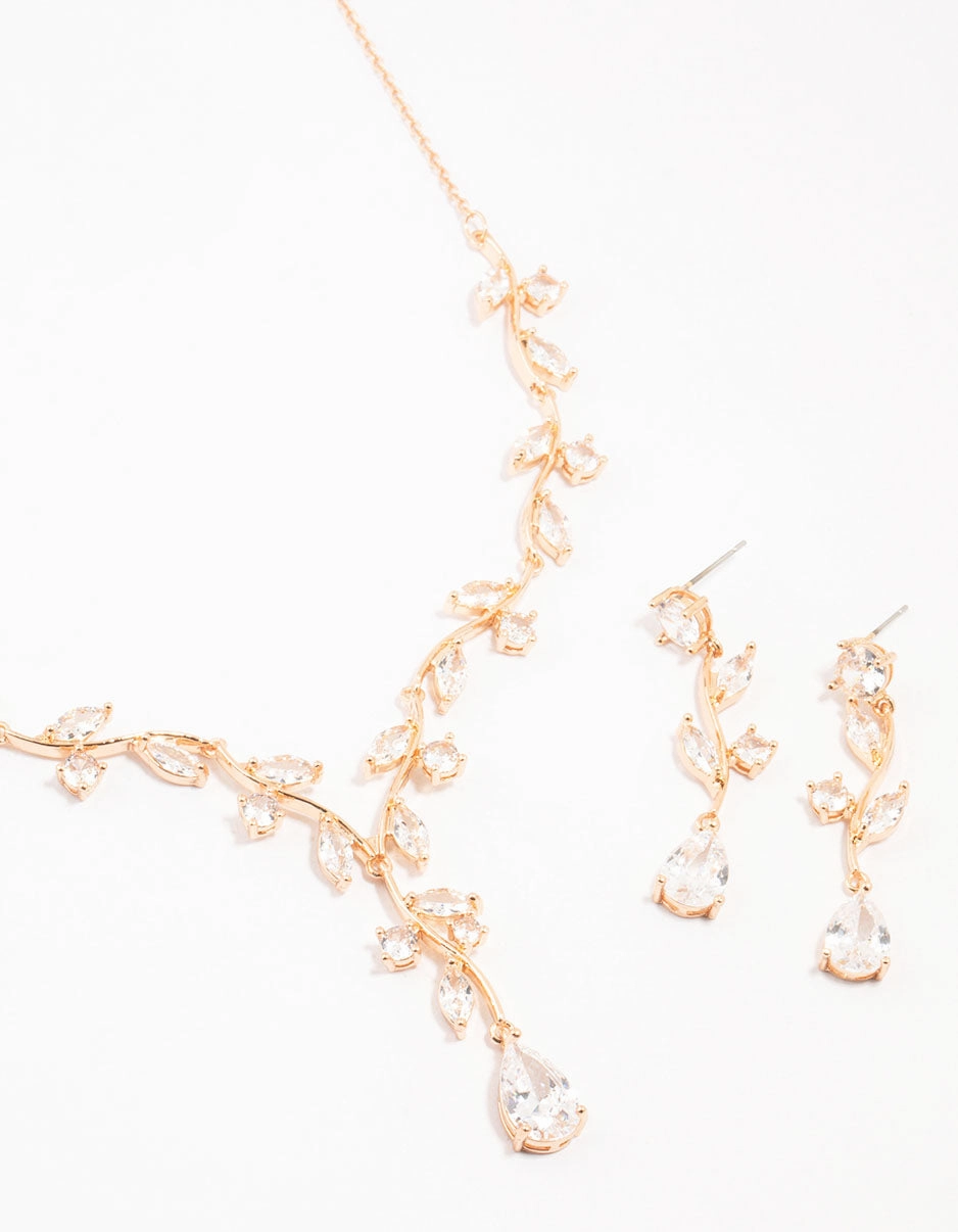 Masculine Bold Gold Creeping Crystal Roses Necklace & Earrings Set