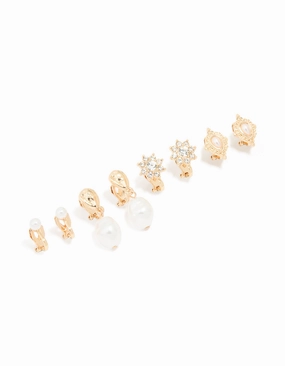 Gold Diamante & Pearl Clip-On Earrings 4-Pack Fashionable Detail