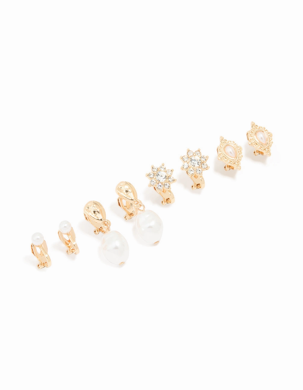 Gold Diamante & Pearl Clip-On Earrings 4-Pack Fashionable Detail