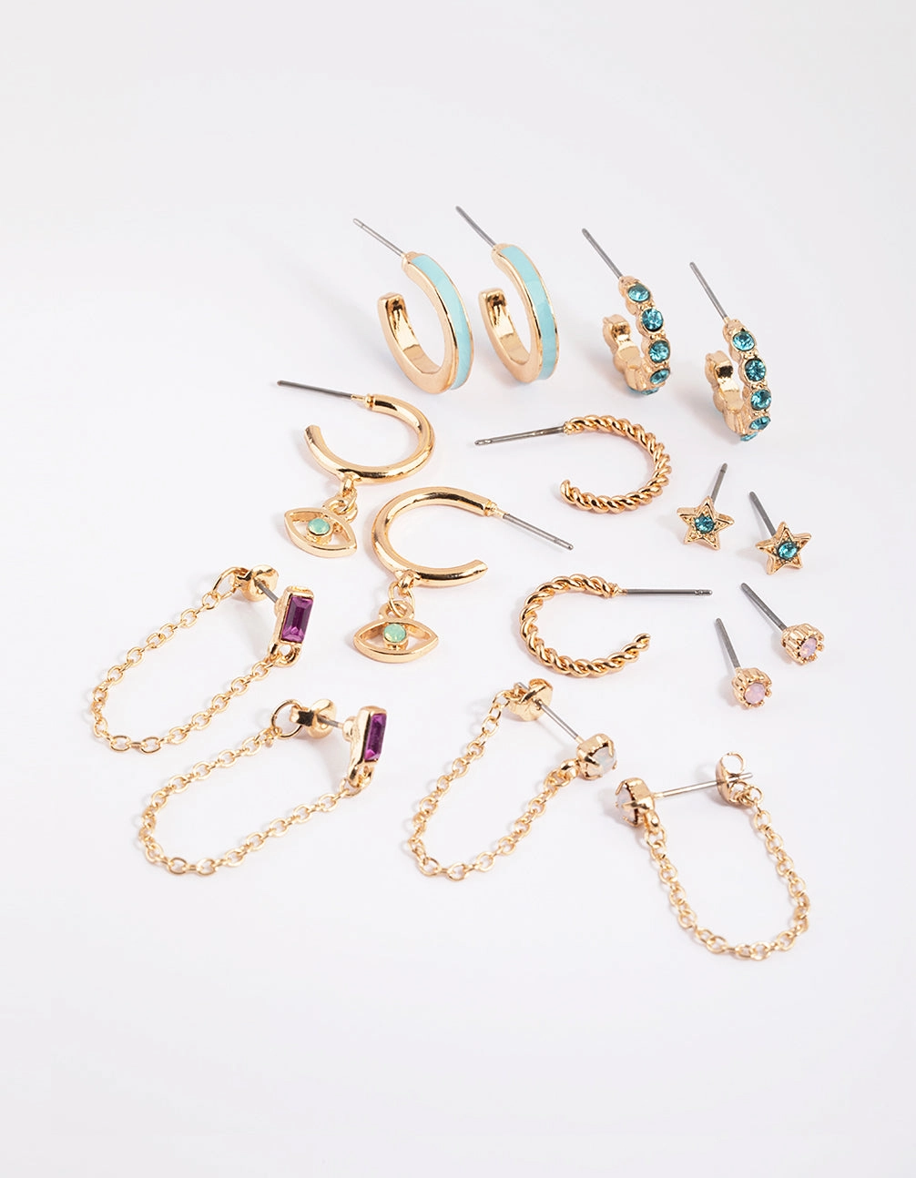 Gold Enamel Stud & Hoop Earring 8-Pack Fashionable pieces Precious Stones