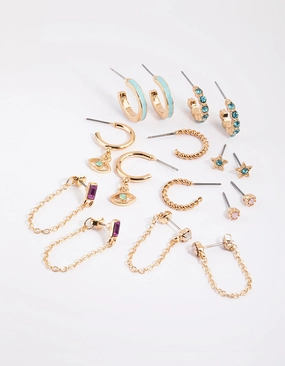 Gold Enamel Stud & Hoop Earring 8-Pack Fashionable pieces Precious Stones