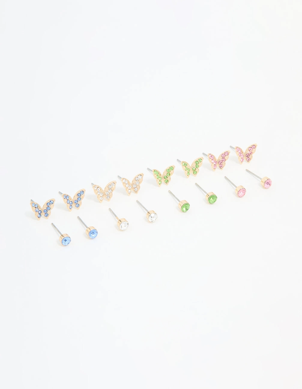 Distinct Highlight Gold Multicoloured Diamante Butterfly Stud Earrings 8-Pack