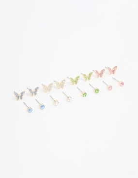 Distinct Highlight Gold Multicoloured Diamante Butterfly Stud Earrings 8-Pack
