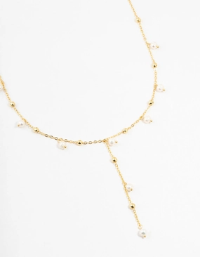Gold Plated Alternating Pearl & Ball Y Necklace Luxury Design