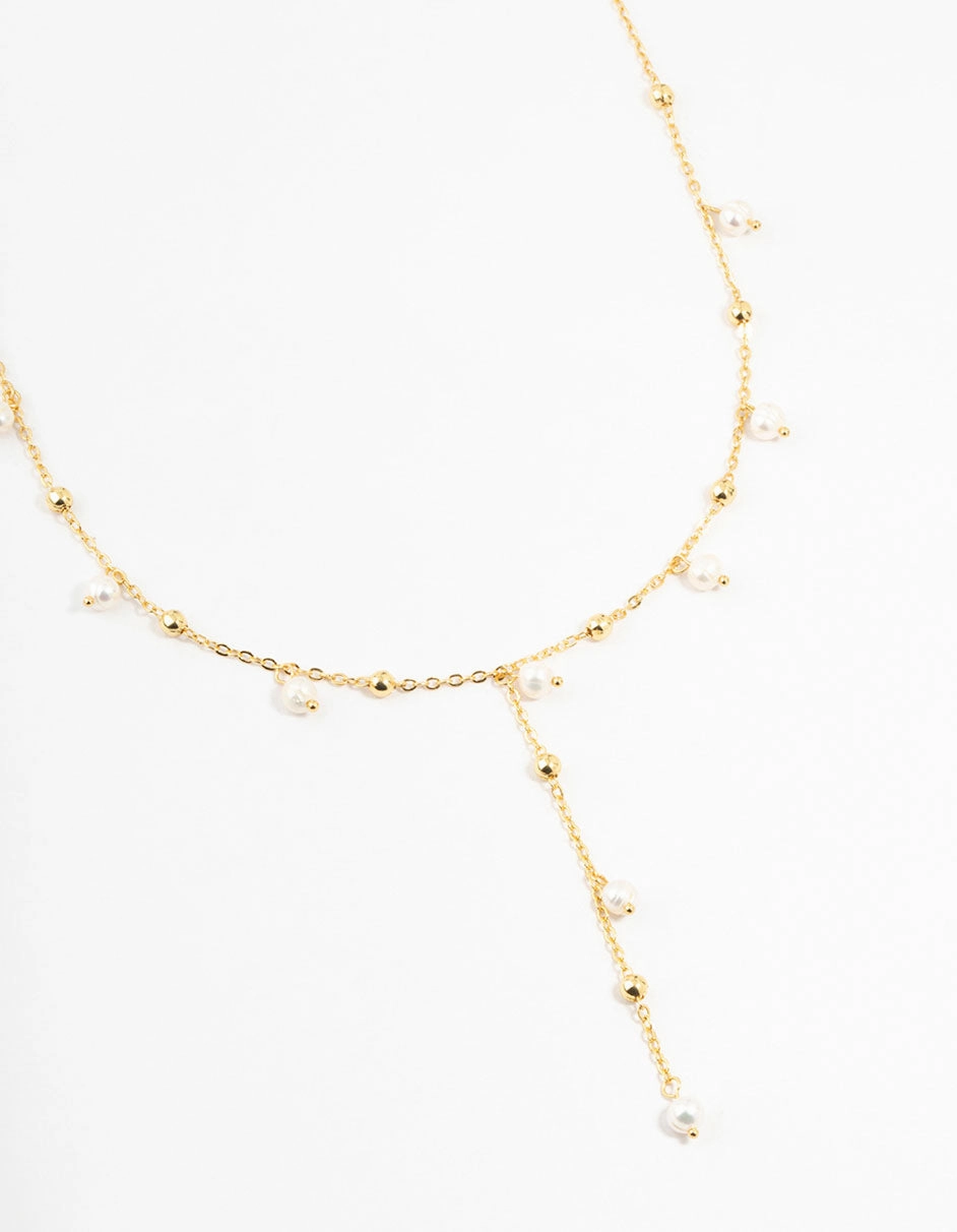 Gold Plated Alternating Pearl & Ball Y Necklace Luxury Design
