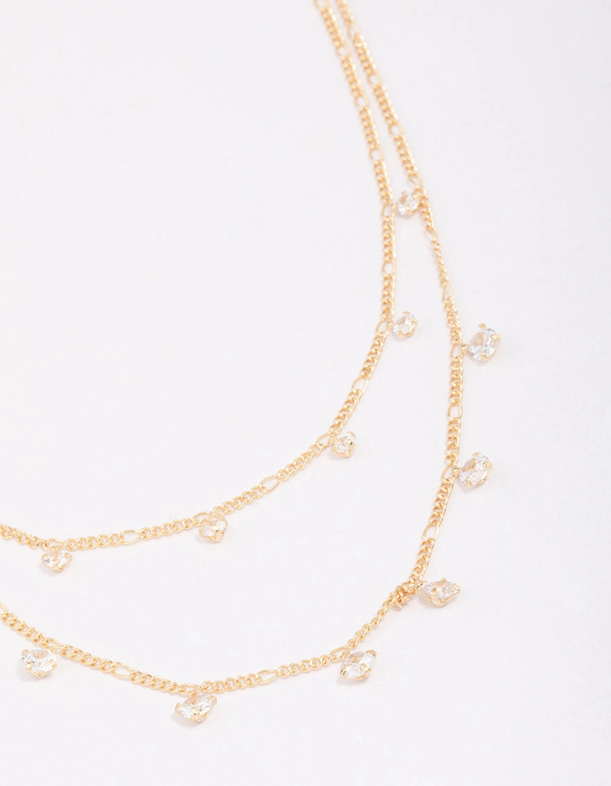 Timeless Detail Gold Plated Brass Double Cubic Zirconia Droplet Layered Necklace