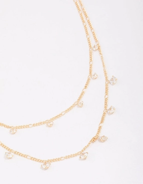 Timeless Detail Gold Plated Brass Double Cubic Zirconia Droplet Layered Necklace