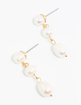 Gold Plated Freshwater Pearl Trio Drop Earrings Timeless Design