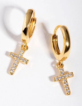 Timeless Form Gold Plated Sterling Silver Cubic Zirconia Cross Huggie Earrings