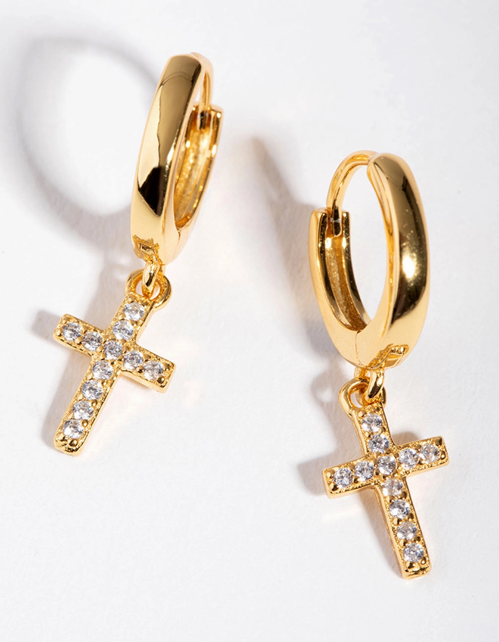 Timeless Form Gold Plated Sterling Silver Cubic Zirconia Cross Huggie Earrings