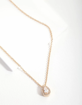 Gold Plated Sterling Silver Cubic Zirconia Pear Halo Necklace Eternal Classic Bold Layering