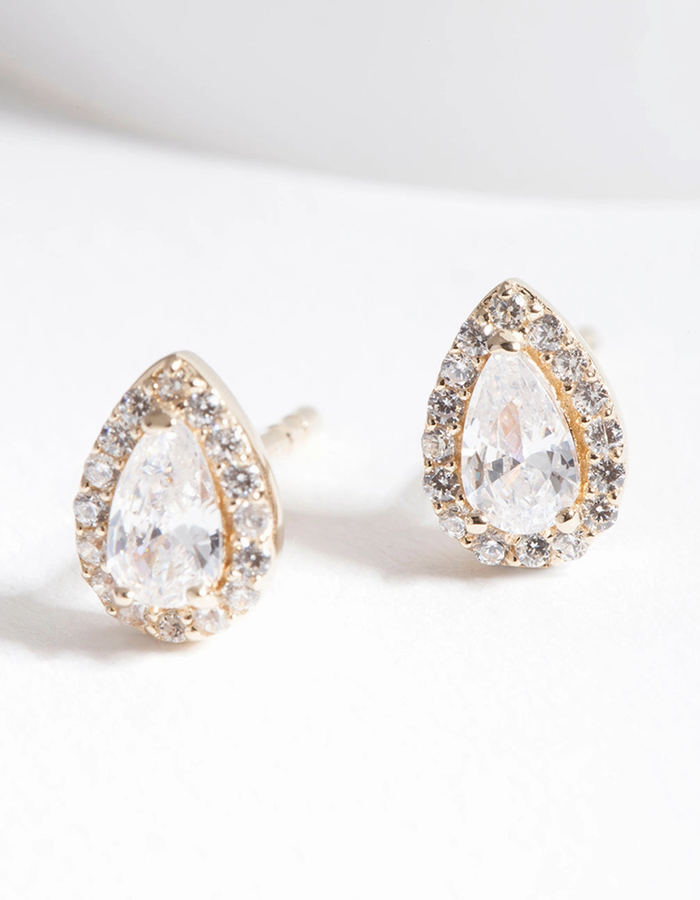 Gold Plated Sterling Silver Cubic Zirconia Pear Halo Stud Earrings Handcrafted Quality Iconic Touch