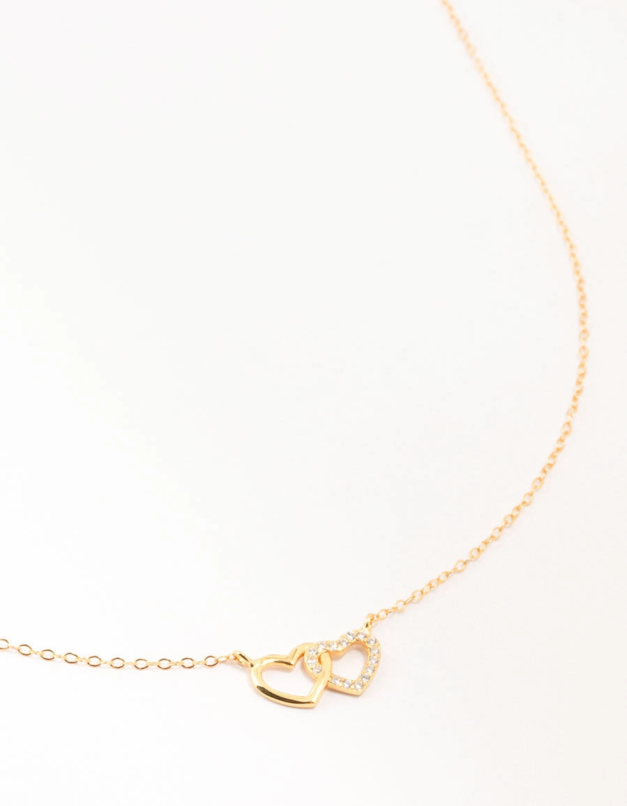 Gold Plated Sterling Silver Double Heart Cubic Zirconia Necklace Layered Glow Shine On
