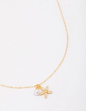 Dress Up Time Gold Plated Sterling Silver Starfish Freshwater Pearl Chain Necklace