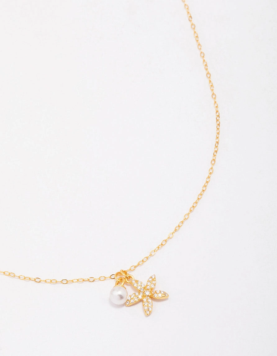 Dress Up Time Gold Plated Sterling Silver Starfish Freshwater Pearl Chain Necklace