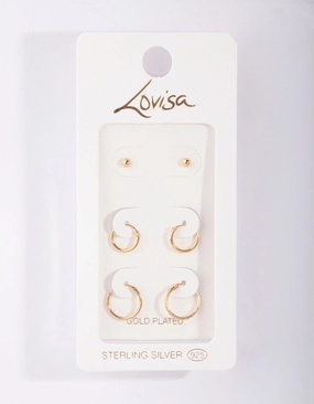 Gold Plated Sterling Silver Stud & Hoop Pack Earring Everyday Essential Event Favorite