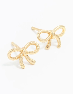 Gold Plated Sterling Silver Textured Bow Stud Earrings Refined Mood Nature Inspired