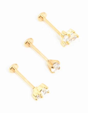 Handcrafted Work Radiant Touch Pieces Gold Plated Surgical Steel Double Cubic Zirconia Flat Backs 3-Pack