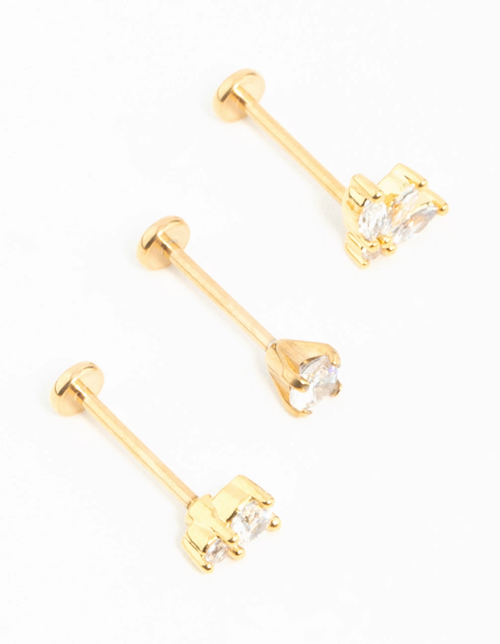 Handcrafted Work Radiant Touch Pieces Gold Plated Surgical Steel Double Cubic Zirconia Flat Backs 3-Pack