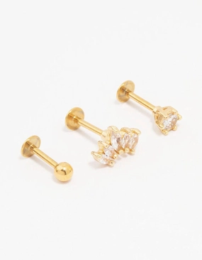 Custom Accessories Gold Plated Surgical Steel Marquise Ball Flat Back 3-Pack