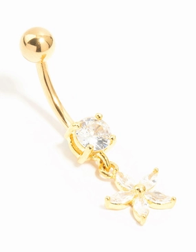 Gold Plated Titanium Cubic Zirconia Flower Drop Belly Bar Fashion Moment Simple Look