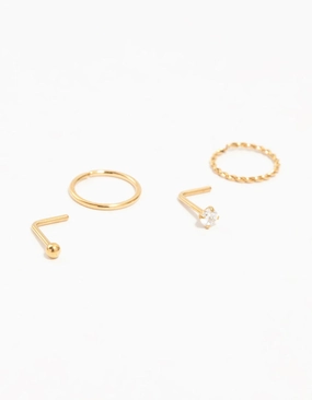 Gold Plated Titanium Diamante Nose Stud & Twisted Ring 4-Pack Artisan Highlight