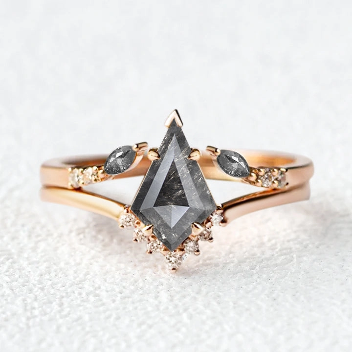 Glam Accent Salt and Pepper Diamonds Kite Cut Leafy Ring Set 2pcs