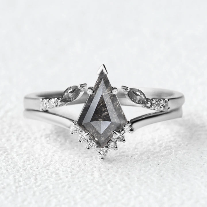 Salt and Pepper Diamonds Kite Cut Leafy Ring Set 2pcs Minimalist Accent