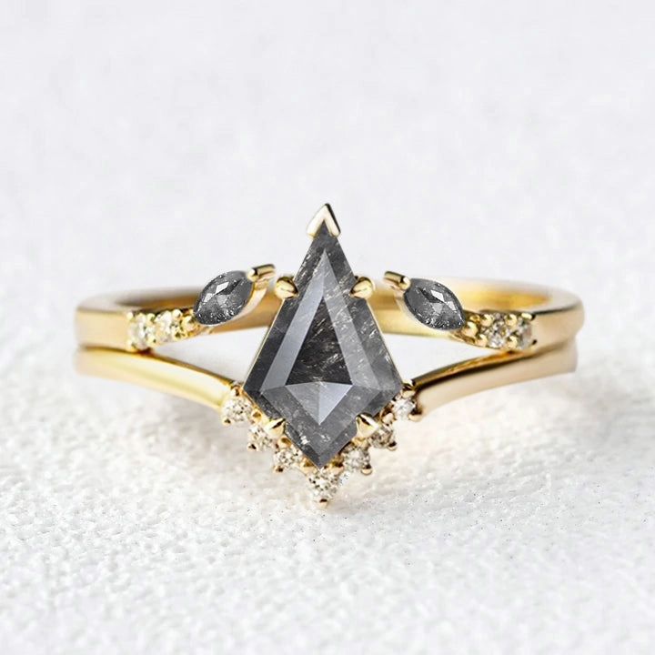 Salt and Pepper Diamonds Kite Cut Leafy Ring Set 2pcs Bold Layering Soft Spark