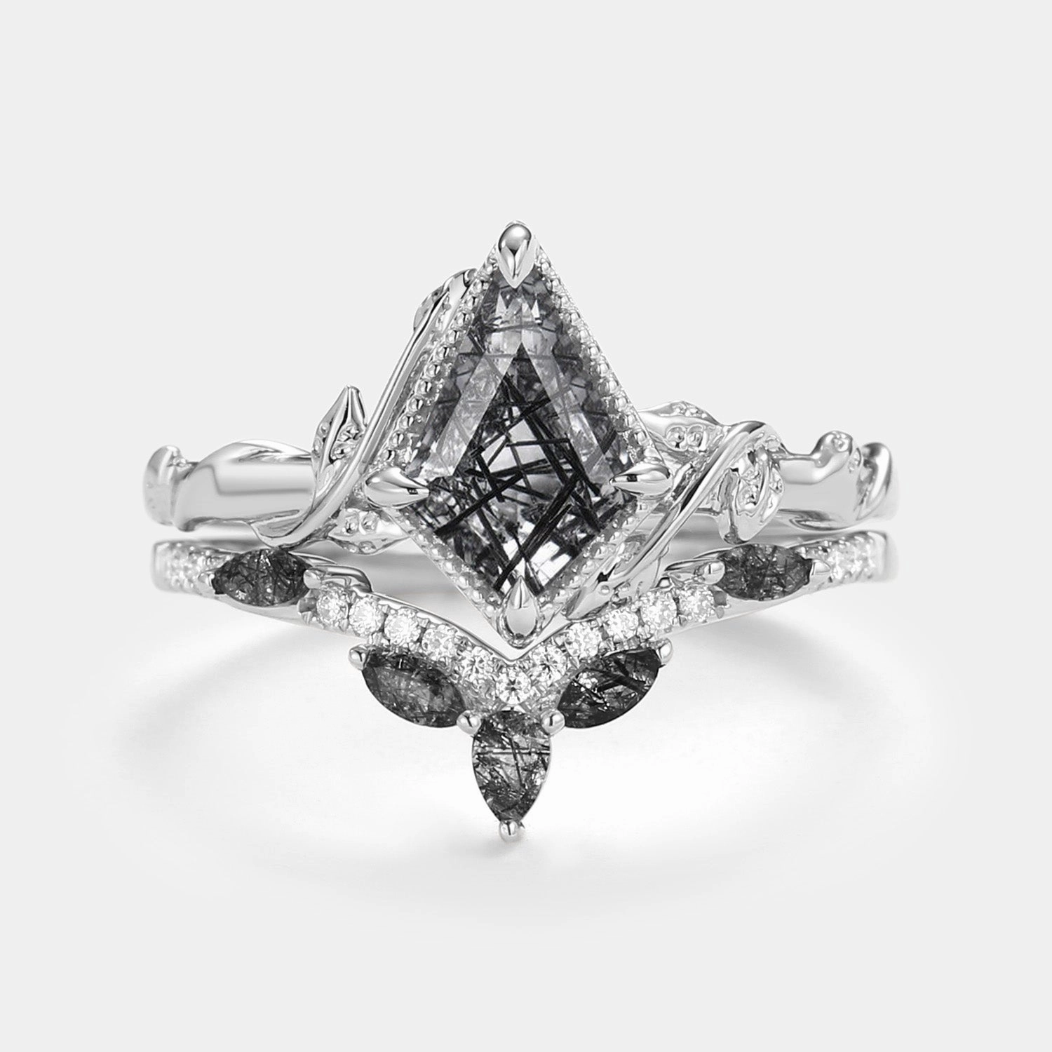 Kite Cut Moss Agate Leafy Engagement Ring Sets 2pcs - Lark Iconic Accent Ornate Bauble