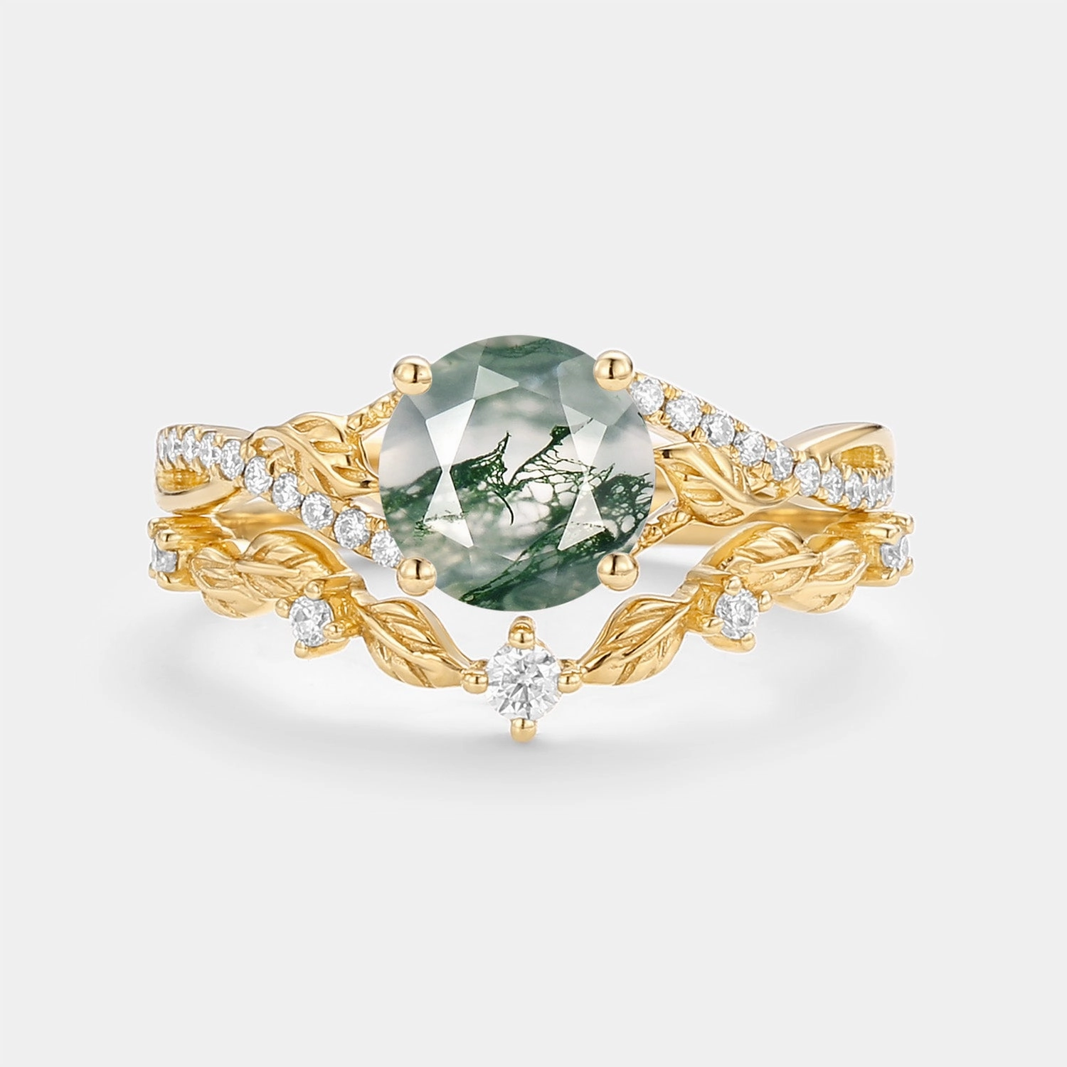 Nature Inspired-Round Moss Agate Leafy Engagement Ring Set 2pcs - Syrin Statement Layer Elegant Shine Pieces