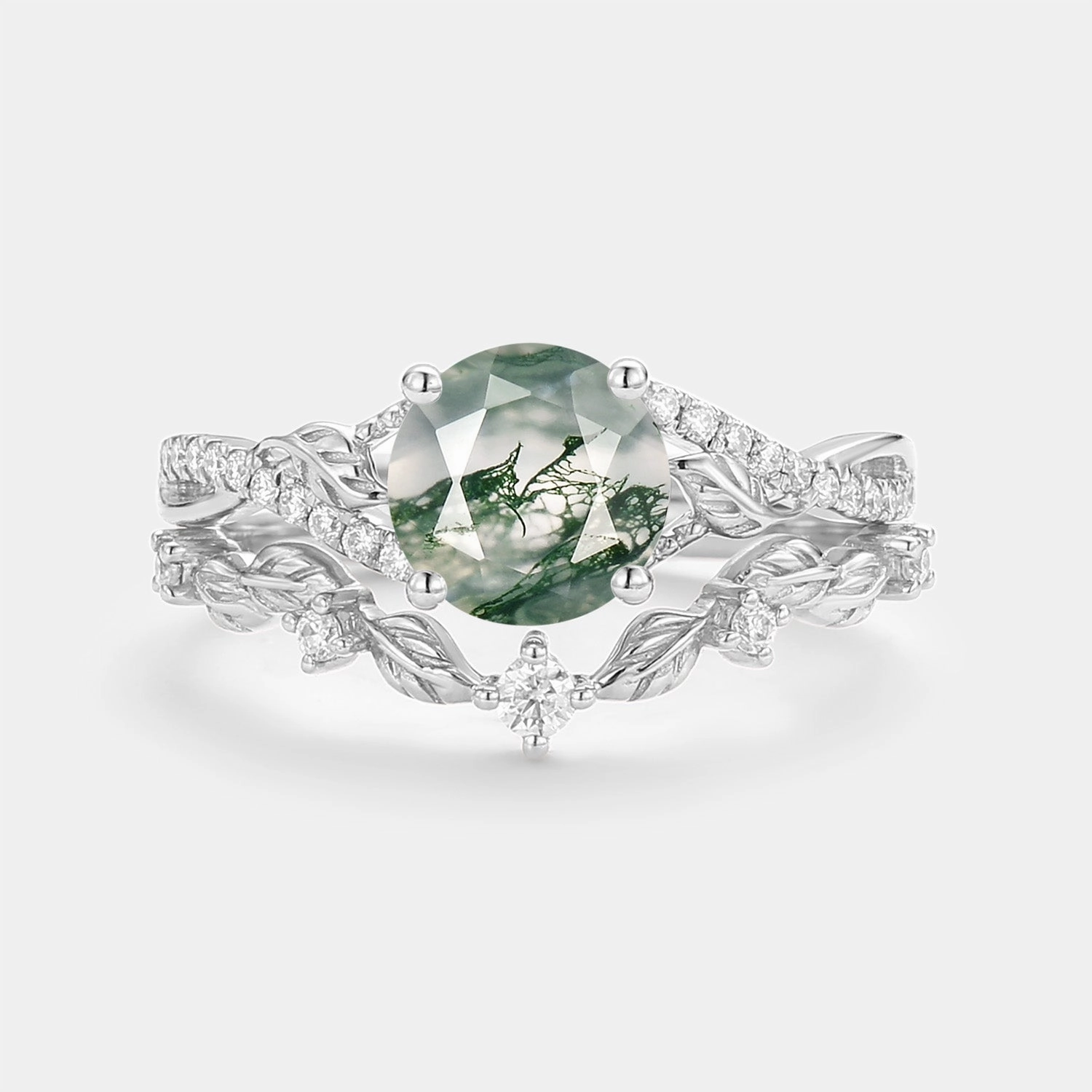 Daytime Fashion Nature Inspired-Round Moss Agate Leafy Engagement Ring Set 2pcs - Syrin